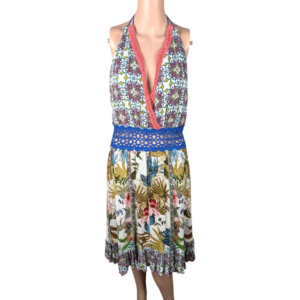 NWT Chelsea & Violet Tropical Patchwork Halter Maxi Dress Lace Tassel Resort L - Picture 2 of 11